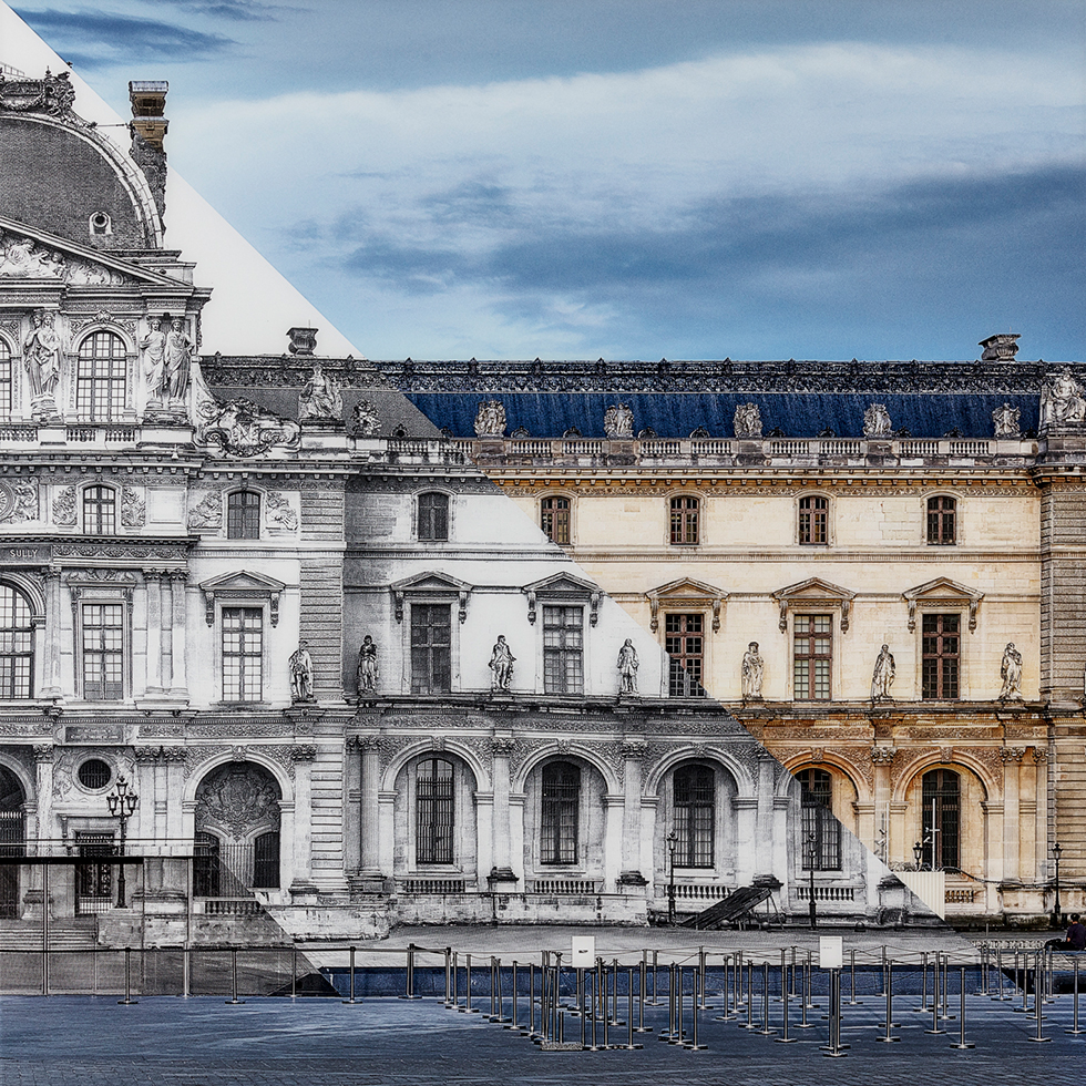 JR at the Louvre, La Pyramide, close-up South West angle