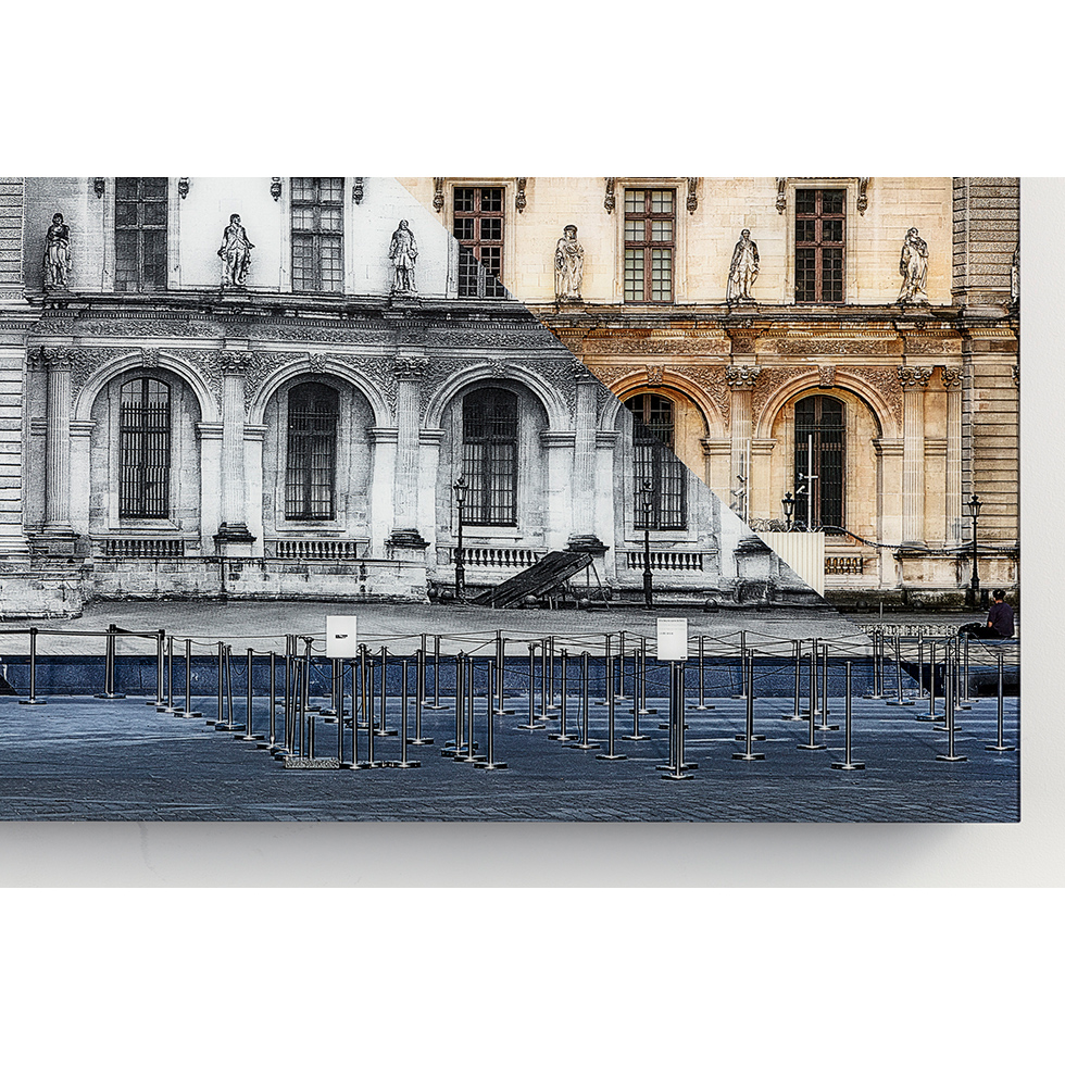 <a href="https://www.ueshima-collection.com/artist-list/87" style="color:inherit">JR</a>:JR at the Louvre, La Pyramide, close-up South West angle
