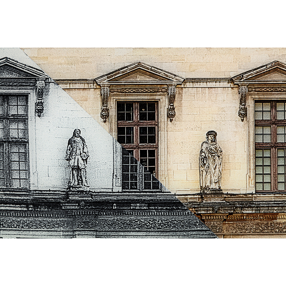 <a href="https://www.ueshima-collection.com/artist-list/87" style="color:inherit">JR</a>:JR at the Louvre, La Pyramide, close-up South West angle